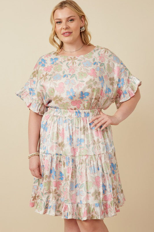 Plus Floral Ruffle Sleeve Foiled Top