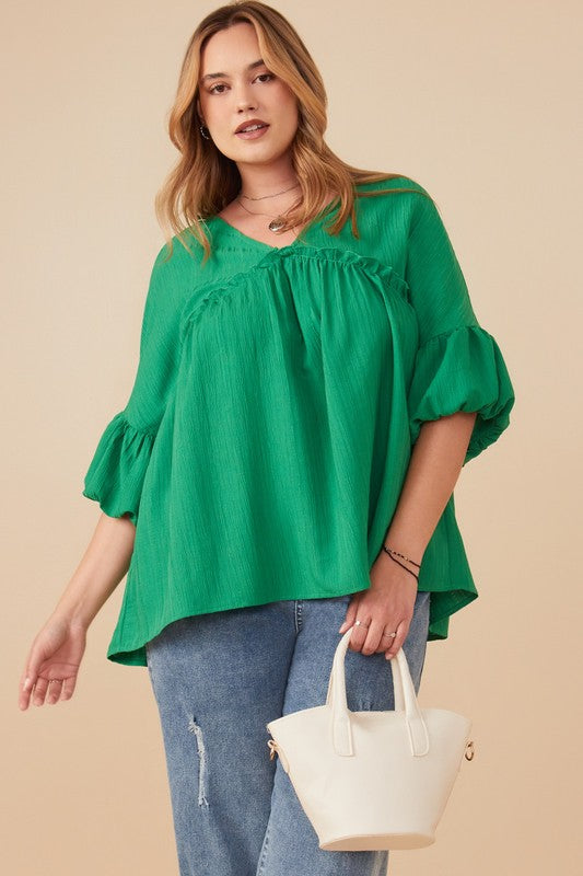 Plus V Neck Puff Sleeve Ruffled Top