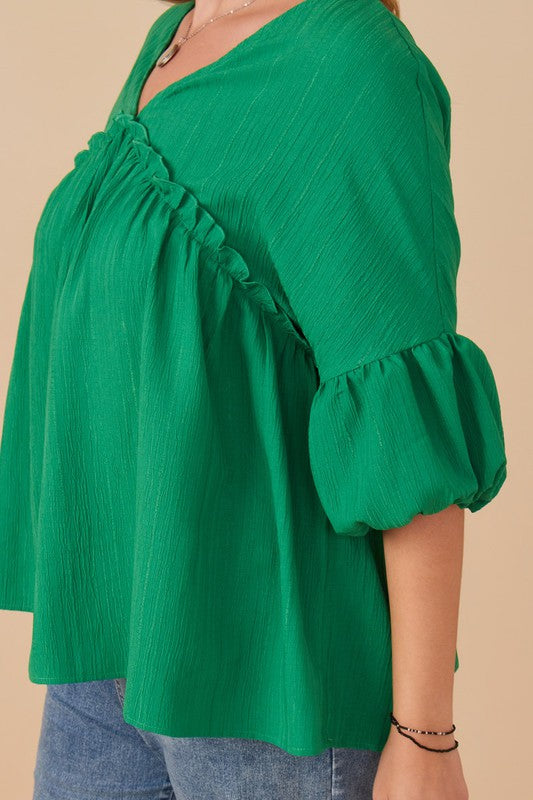Plus V Neck Puff Sleeve Ruffled Top