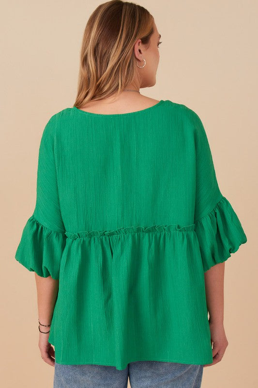 Plus V Neck Puff Sleeve Ruffled Top