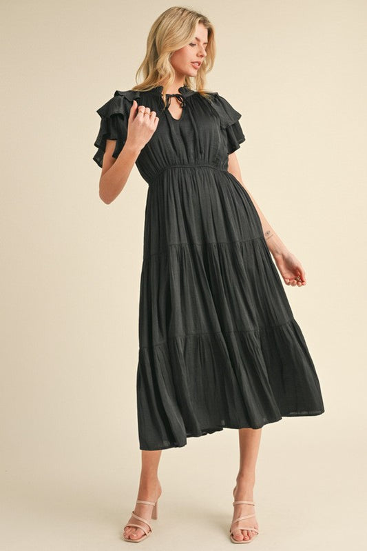 Solid Ruffle Cap Sleeve Midi Dress