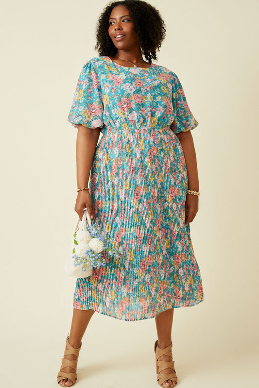 Plus Romantic Floral Puff Sleeve Pleated Skirt