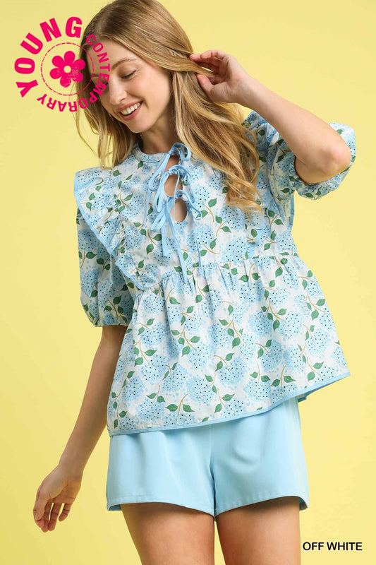 Floral Puff Sleeve Ruffle Blouse