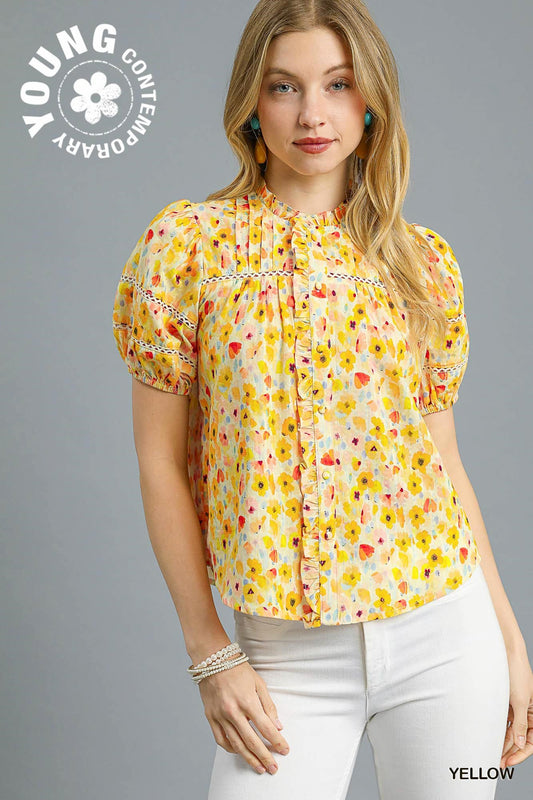 Floral Watercolor Pintuck Blouse
