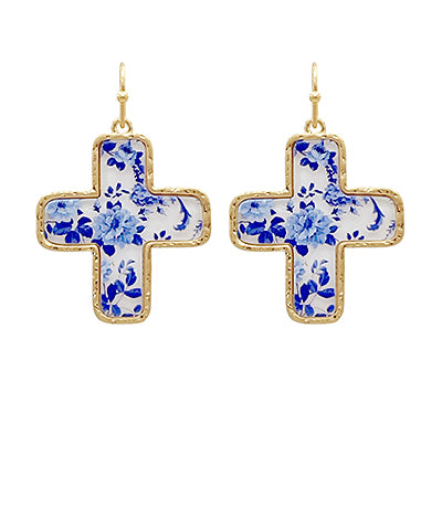 Cross Blue Flower Printed Drop Earrings