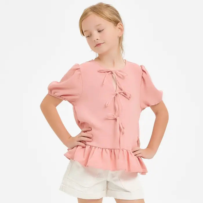 Girls Ribbon Tie Front Ruffle Blouse