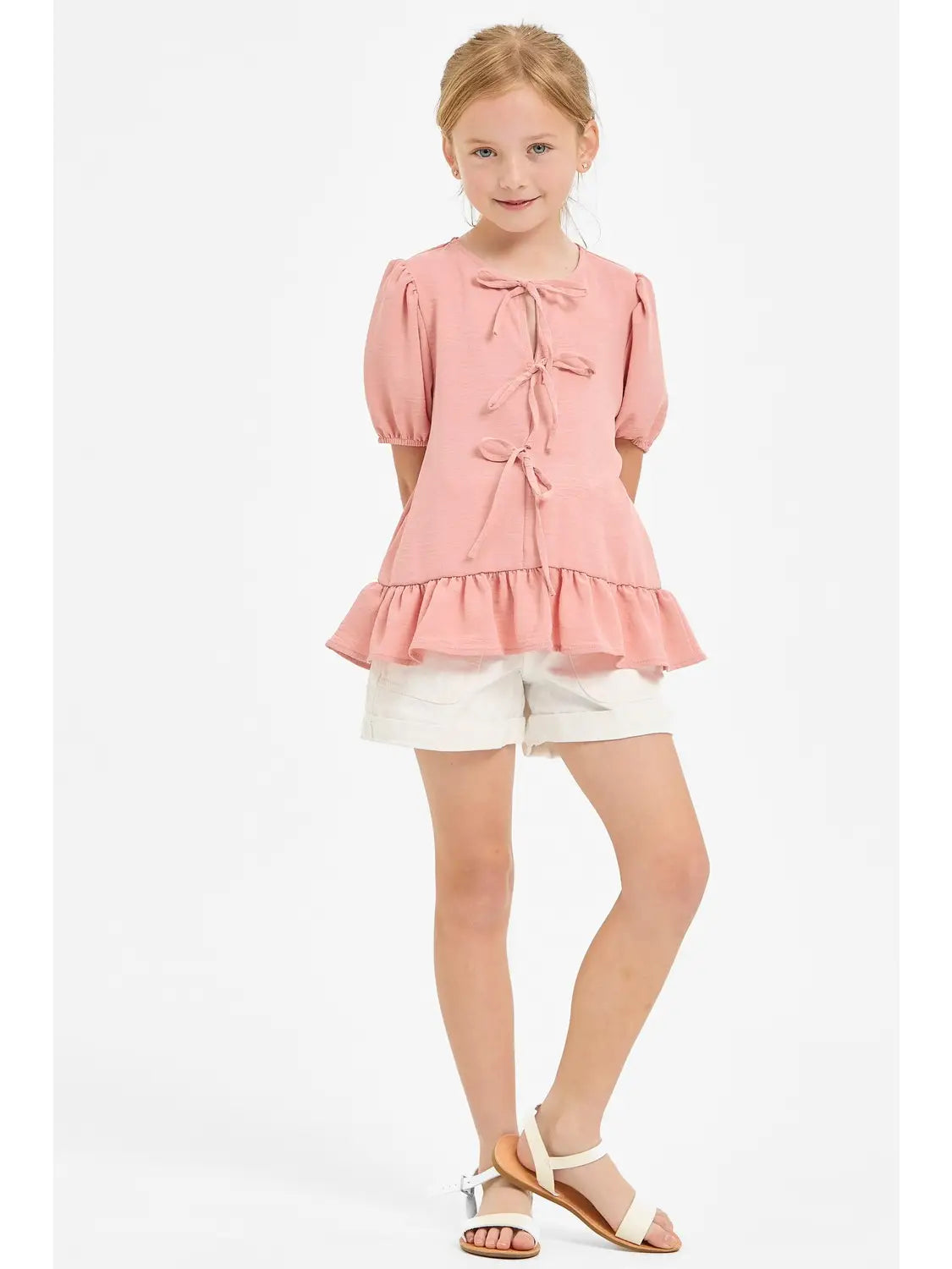 Girls Ribbon Tie Front Ruffle Blouse