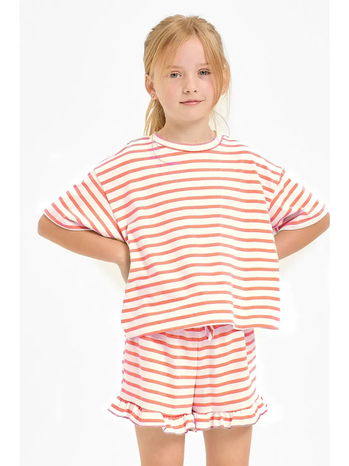 Girls Stripe Top and Ruffle Shorts Set