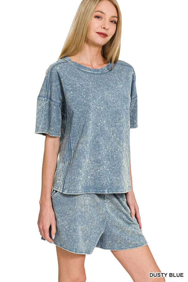 Zenana Acid Washed Tee & Shorts Set