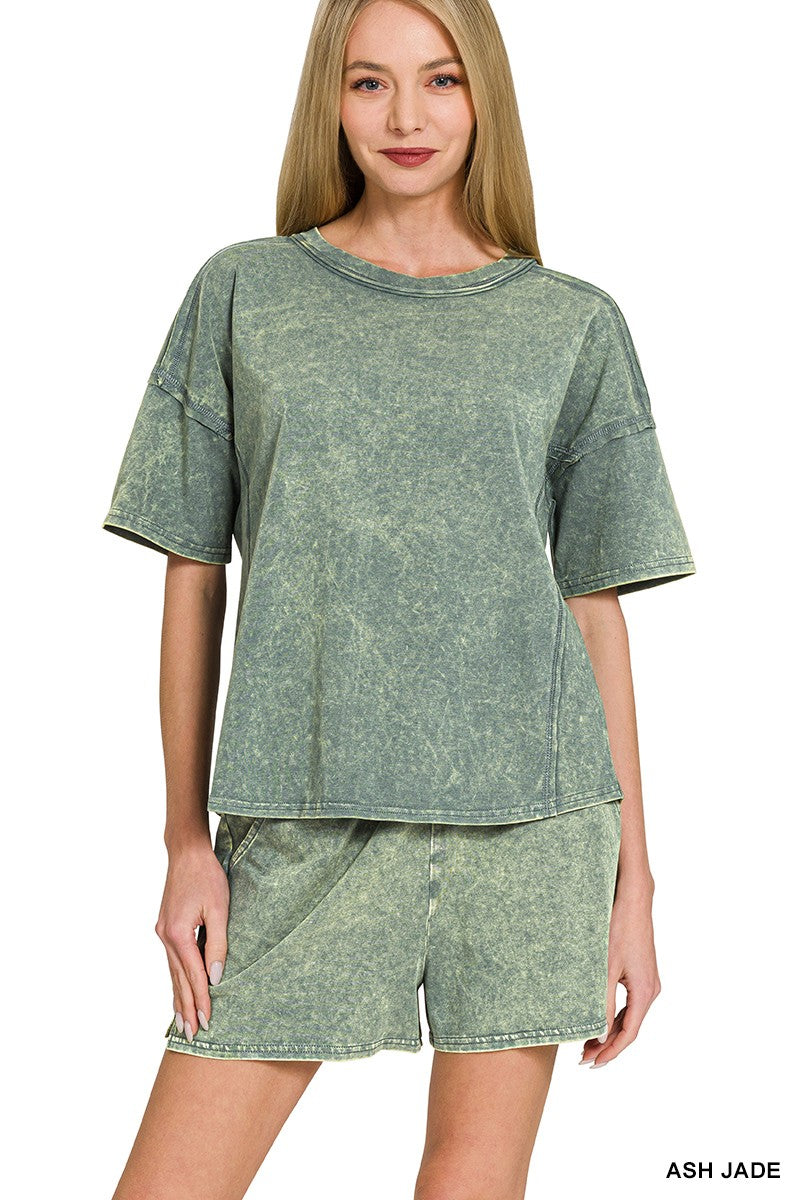 Zenana Acid Washed Tee & Shorts Set