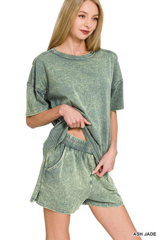 Zenana Acid Washed Tee & Shorts Set