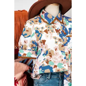 Floral RicRac Trim Puff Sleeve Top