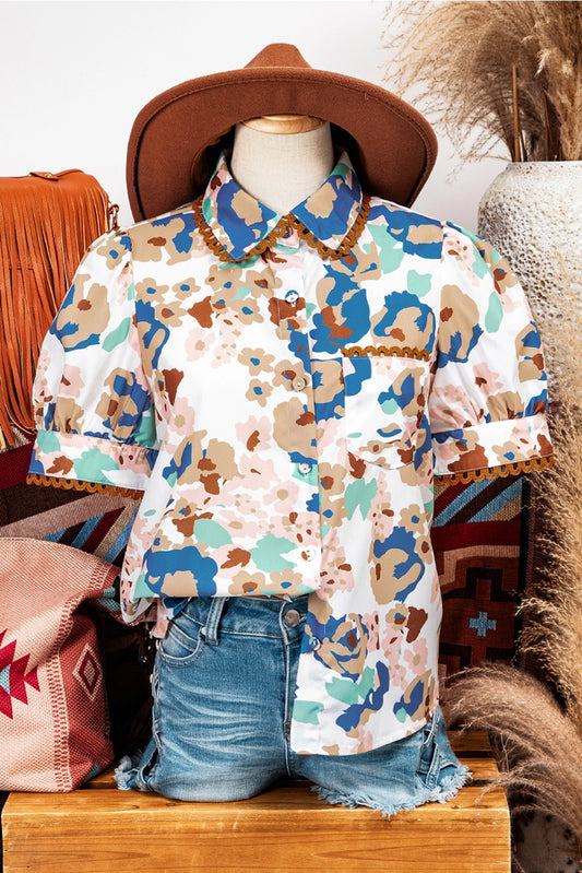 Floral RicRac Trim Puff Sleeve Top
