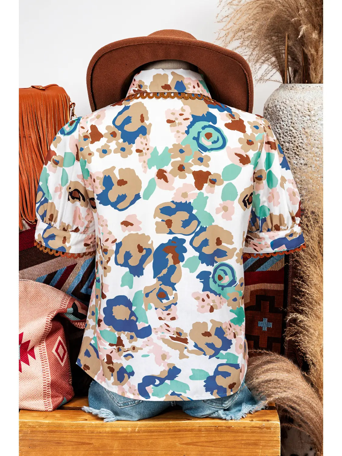 Floral RicRac Trim Puff Sleeve Top