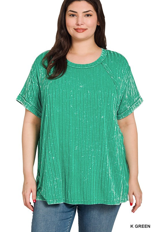 Plus Zenana Acid Washed Ribbed Boat-neck Top