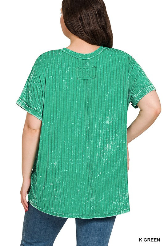 Plus Zenana Acid Washed Ribbed Boat-neck Top