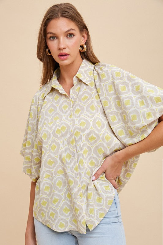 Geometric Printed Bubble Sleeve Button Down Blouse