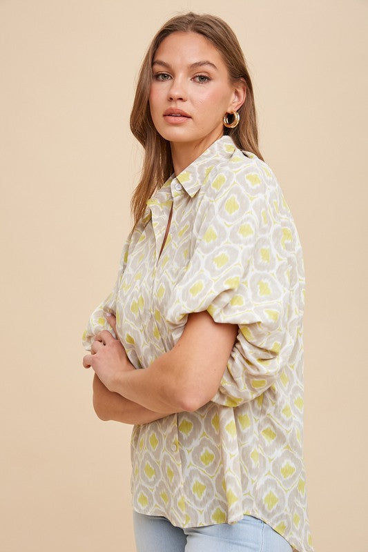 Geometric Printed Bubble Sleeve Button Down Blouse