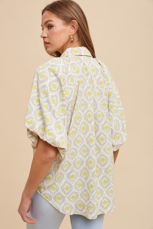 Geometric Printed Bubble Sleeve Button Down Blouse
