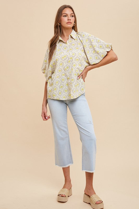 Geometric Printed Bubble Sleeve Button Down Blouse