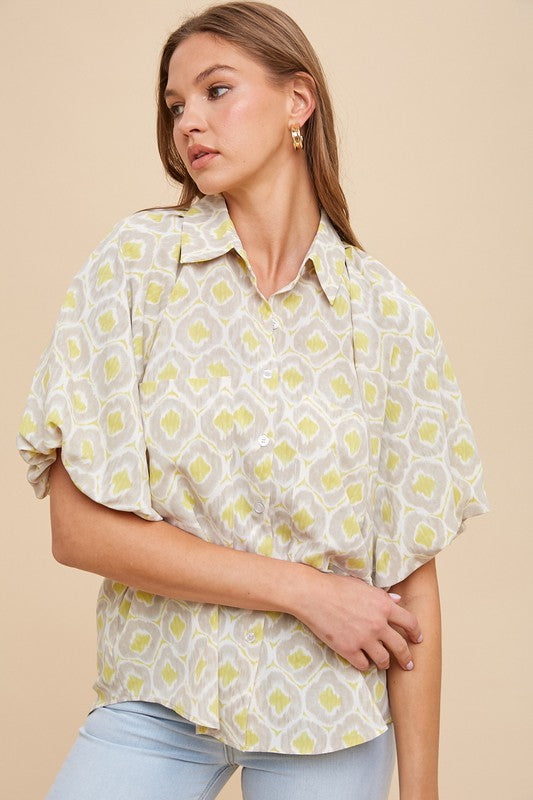 Geometric Printed Bubble Sleeve Button Down Blouse