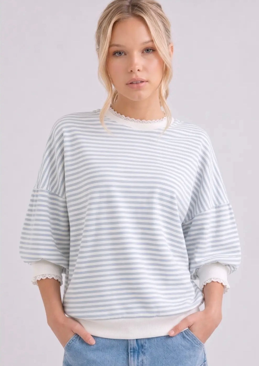 Striped Puff Sleeve Top with Lace Trim