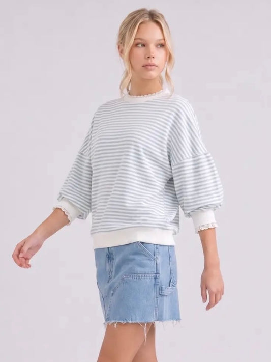 Striped Puff Sleeve Top with Lace Trim