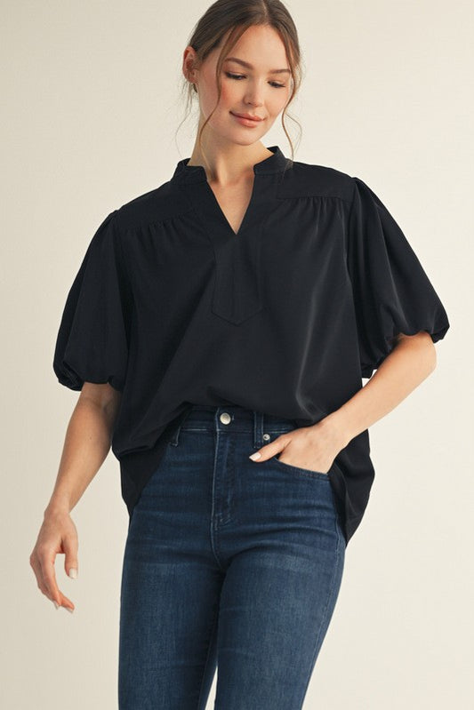 Puff Sleeves Mock Neck Top