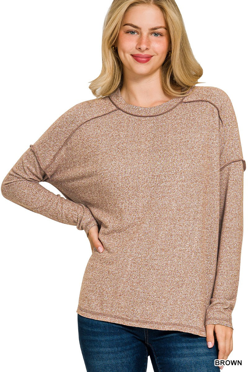 Zenana Soft Melange Hacci Exposed Seam Hi-low Tee