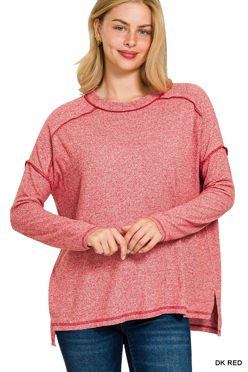 Zenana Soft Melange Hacci Exposed Seam Hi-low Tee