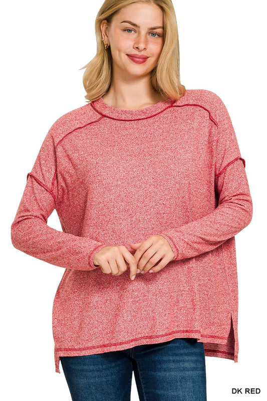 Zenana Soft Melange Hacci Exposed Seam Hi-low Tee