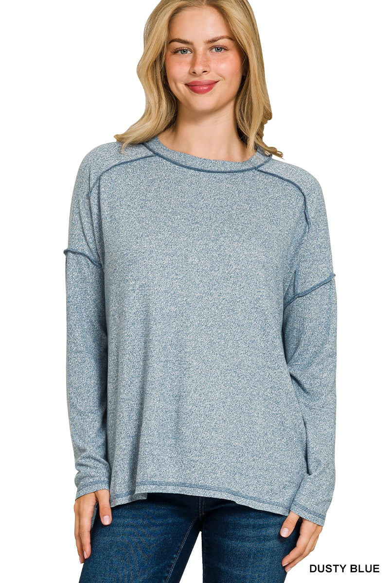 Zenana Soft Melange Hacci Exposed Seam Hi-low Tee