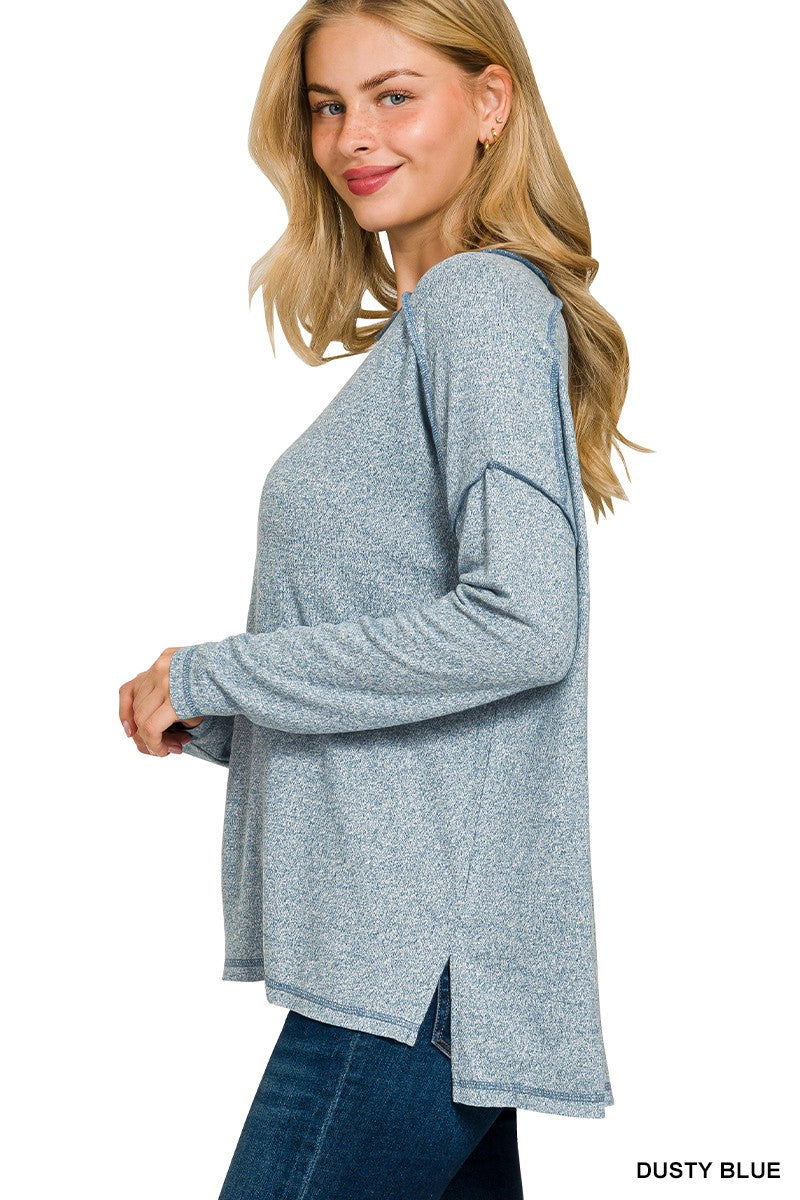 Zenana Soft Melange Hacci Exposed Seam Hi-low Tee