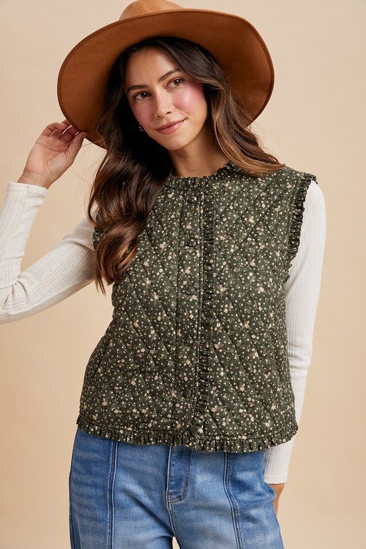 Ditsy Print Ruffle Detail Quilted Vest