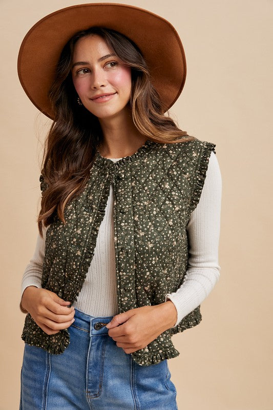 Ditsy Print Ruffle Detail Quilted Vest