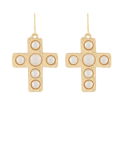 Pearl Cross Drop Earrings