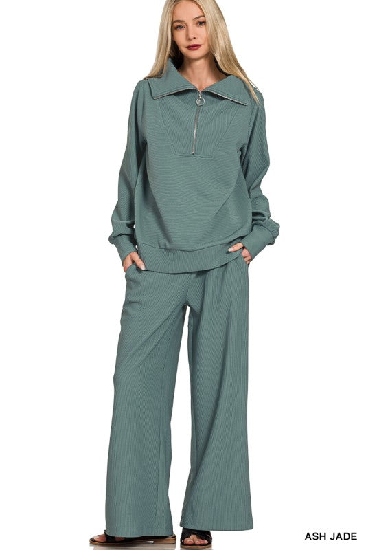 Zenana Ribbed High Neck Half Zip Pullover & Pants Set