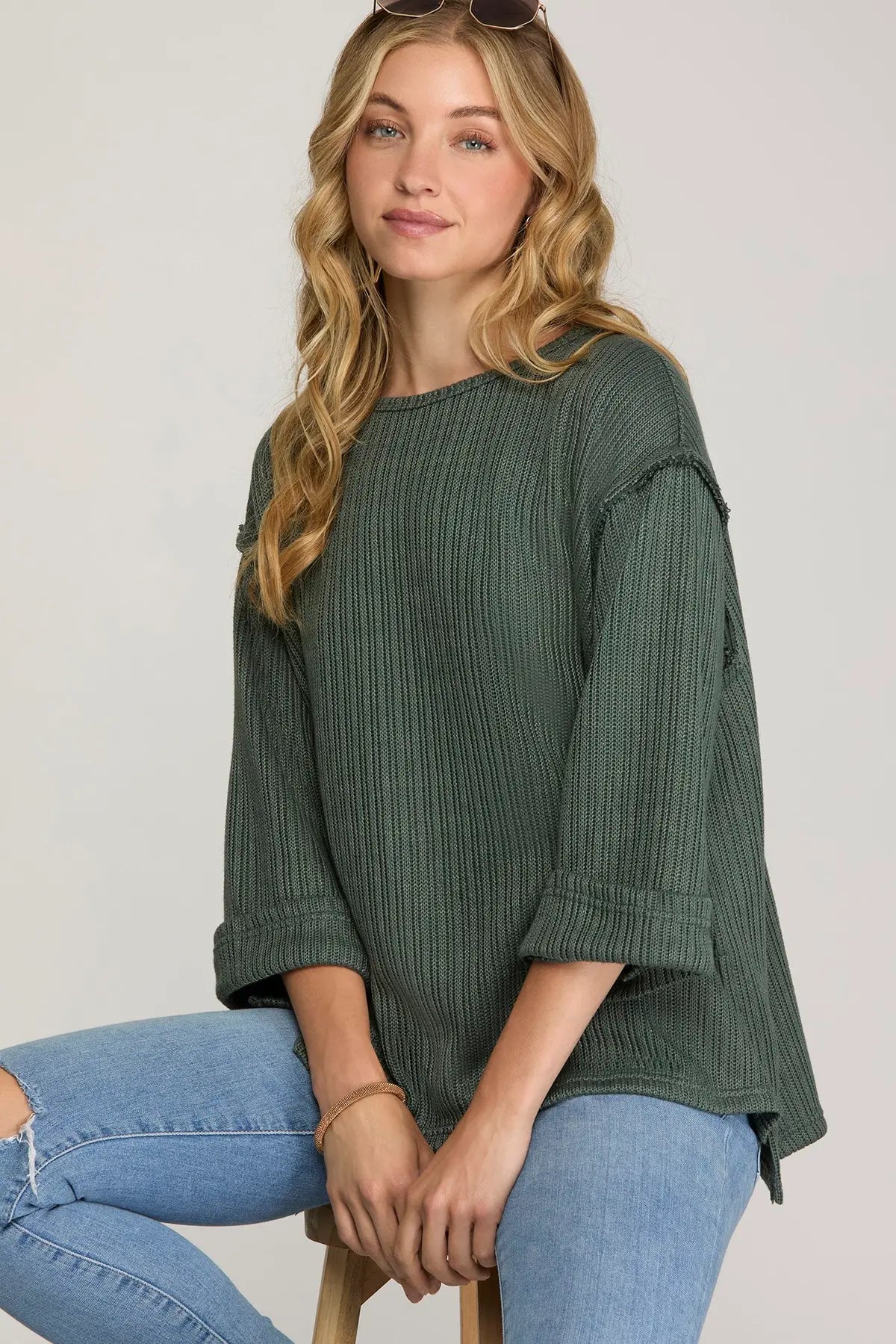 3/4 Folded Sleeve Knit Top