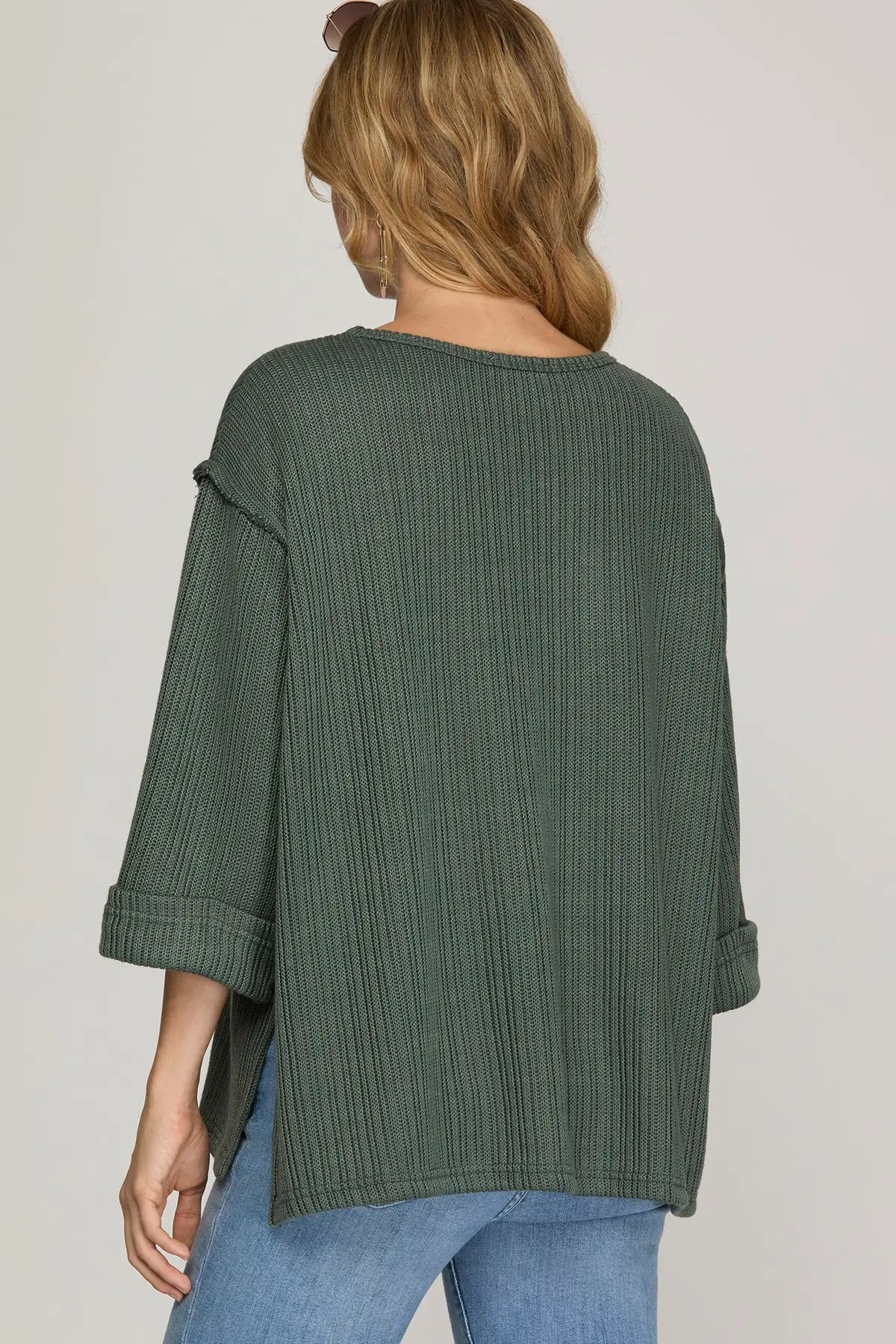 3/4 Folded Sleeve Knit Top