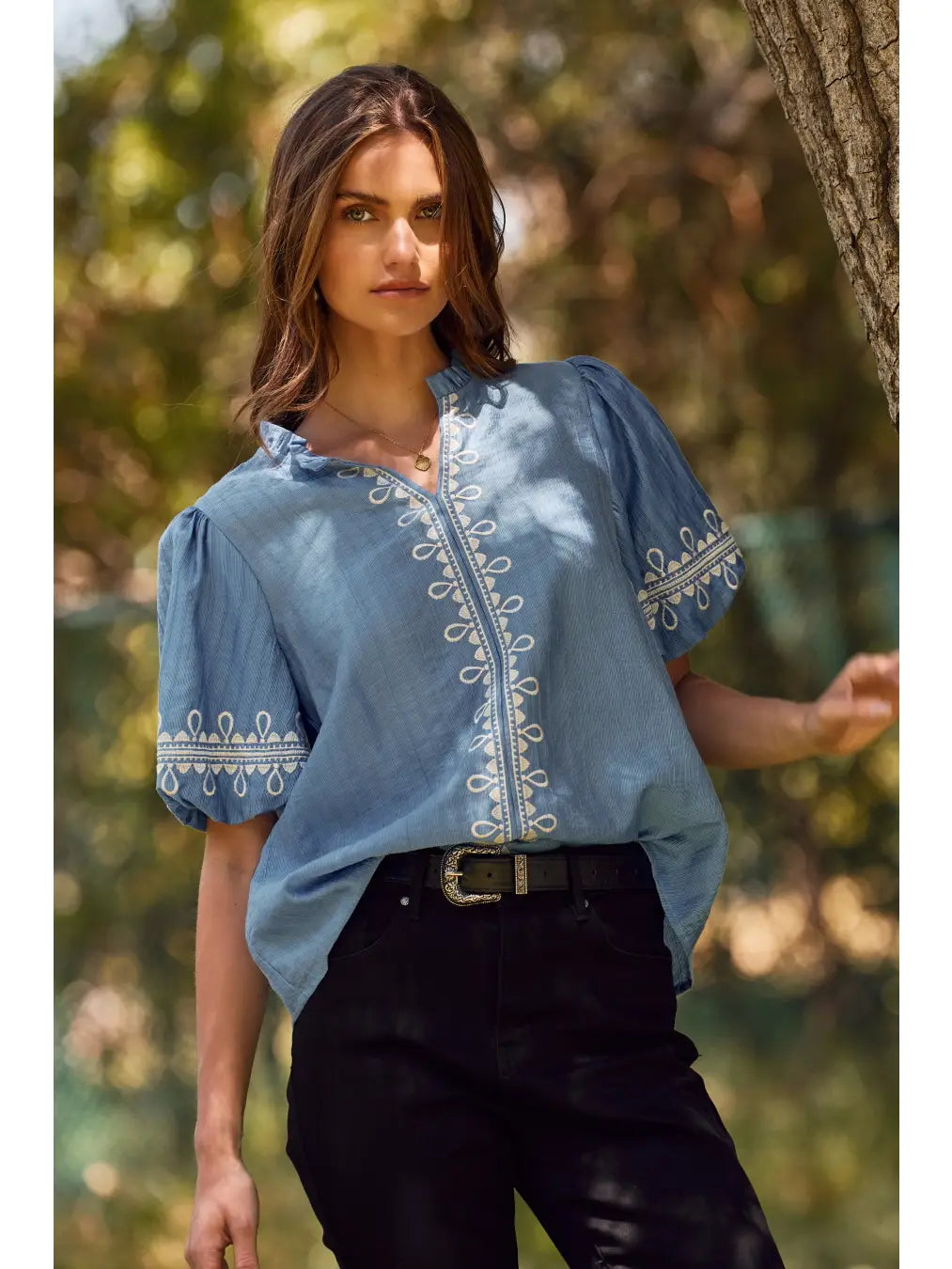 Embroidered Bubble Sleeve Blouse