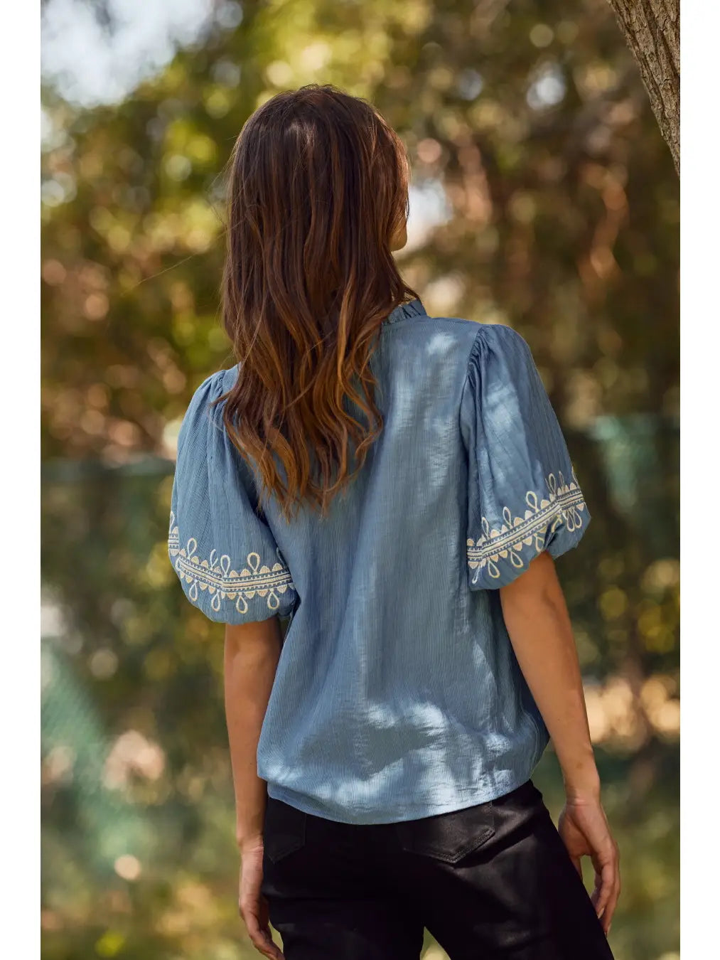 Embroidered Bubble Sleeve Blouse