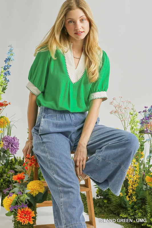 Linen Blend Contrast Trim Top