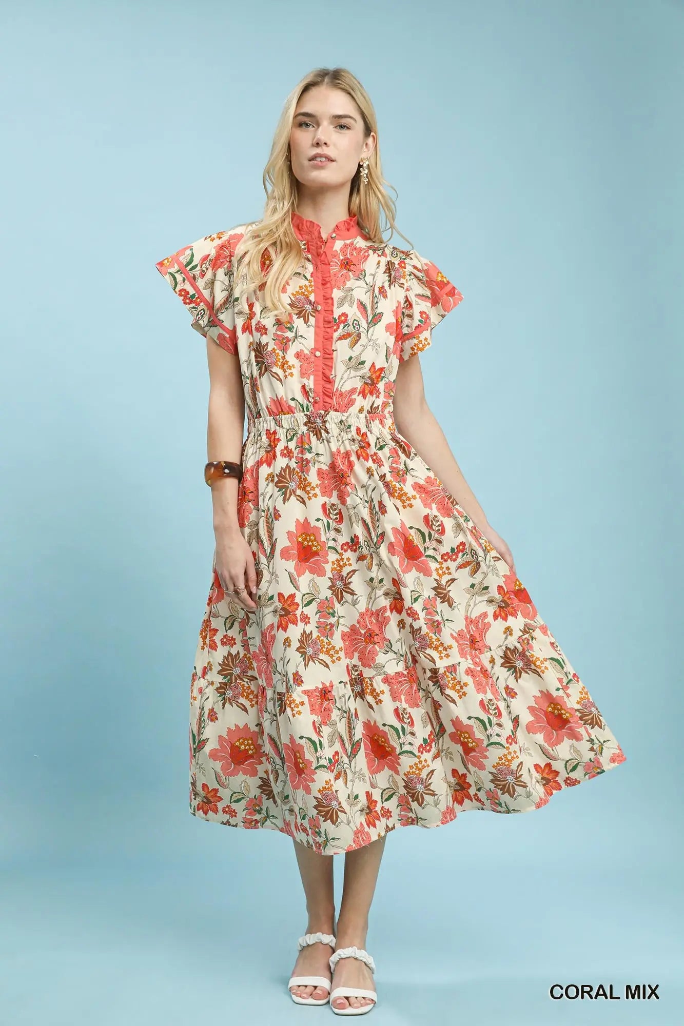 Mix Floral Ruffle Neck Tiered Midi Dress