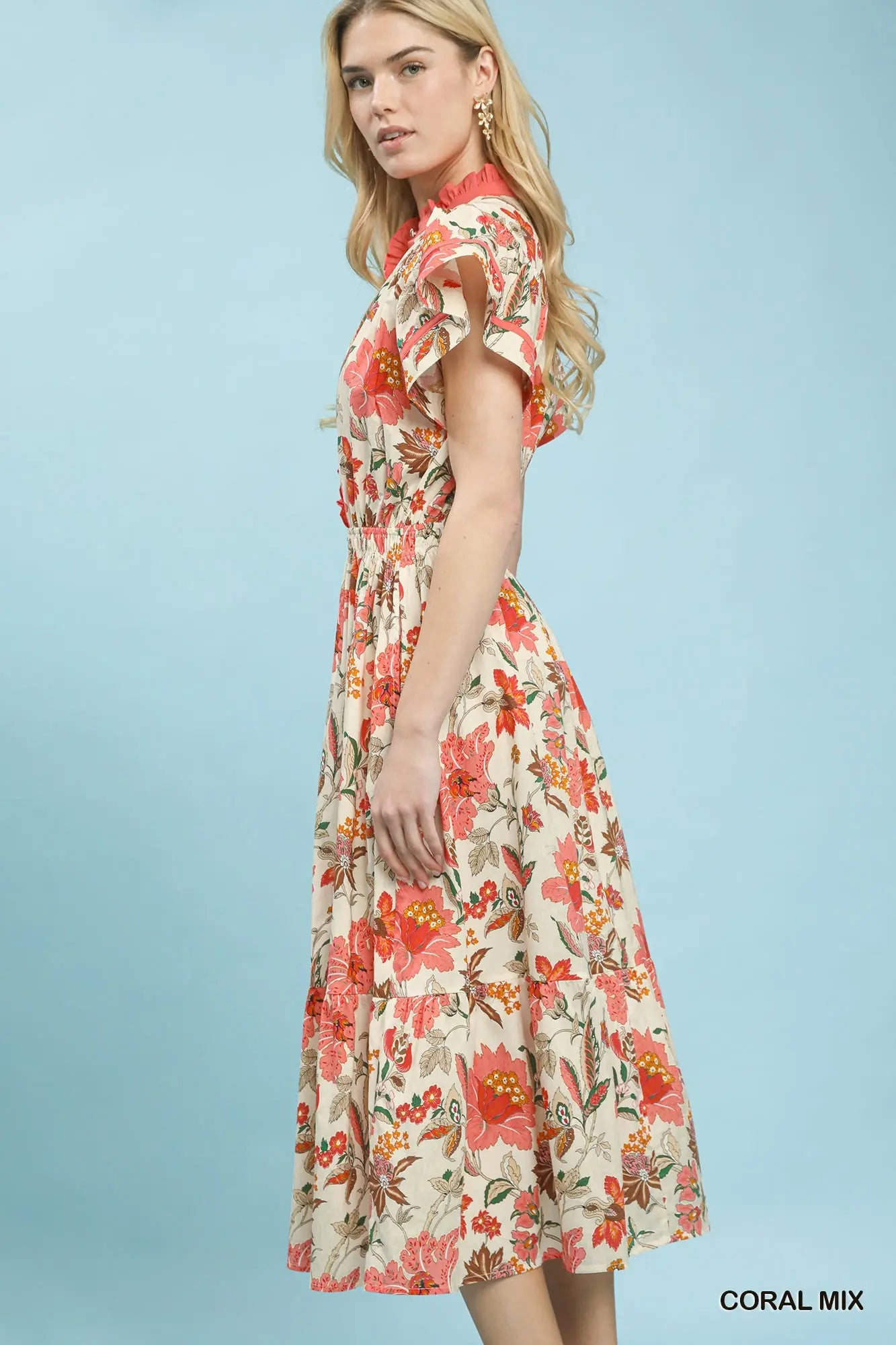 Mix Floral Ruffle Neck Tiered Midi Dress