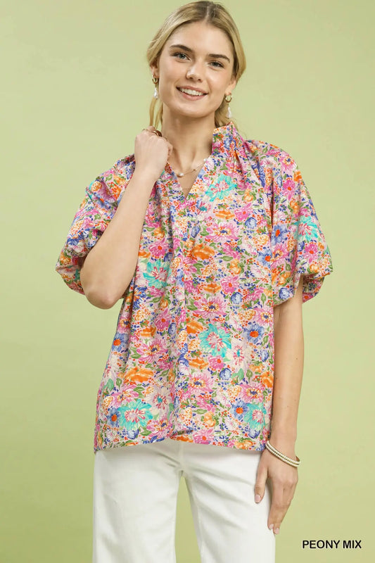 Floral Short Sleeve Button-Front Top