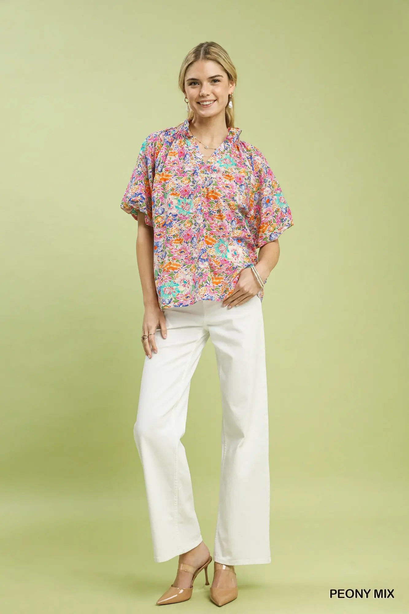 Floral Short Sleeve Button-Front Top