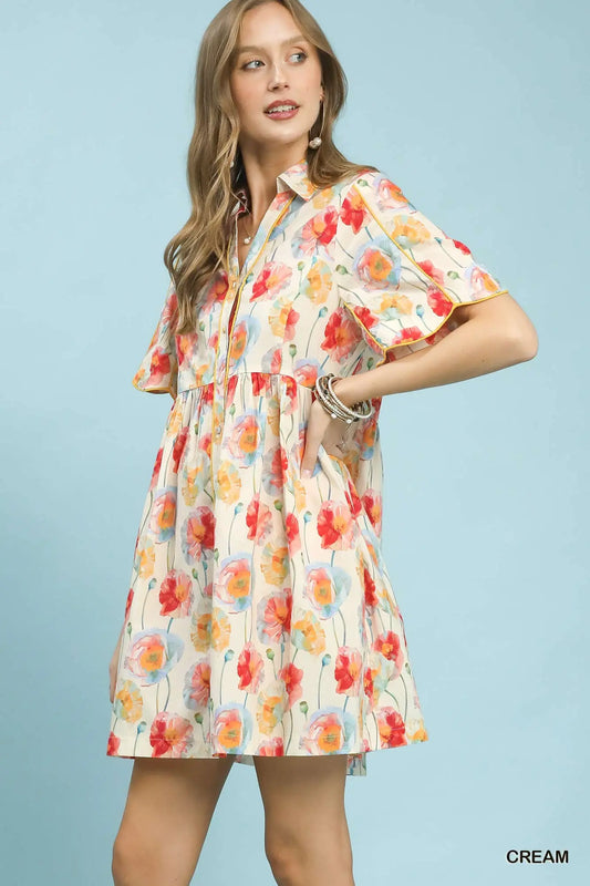 Floral Button-Front Babydoll Dress