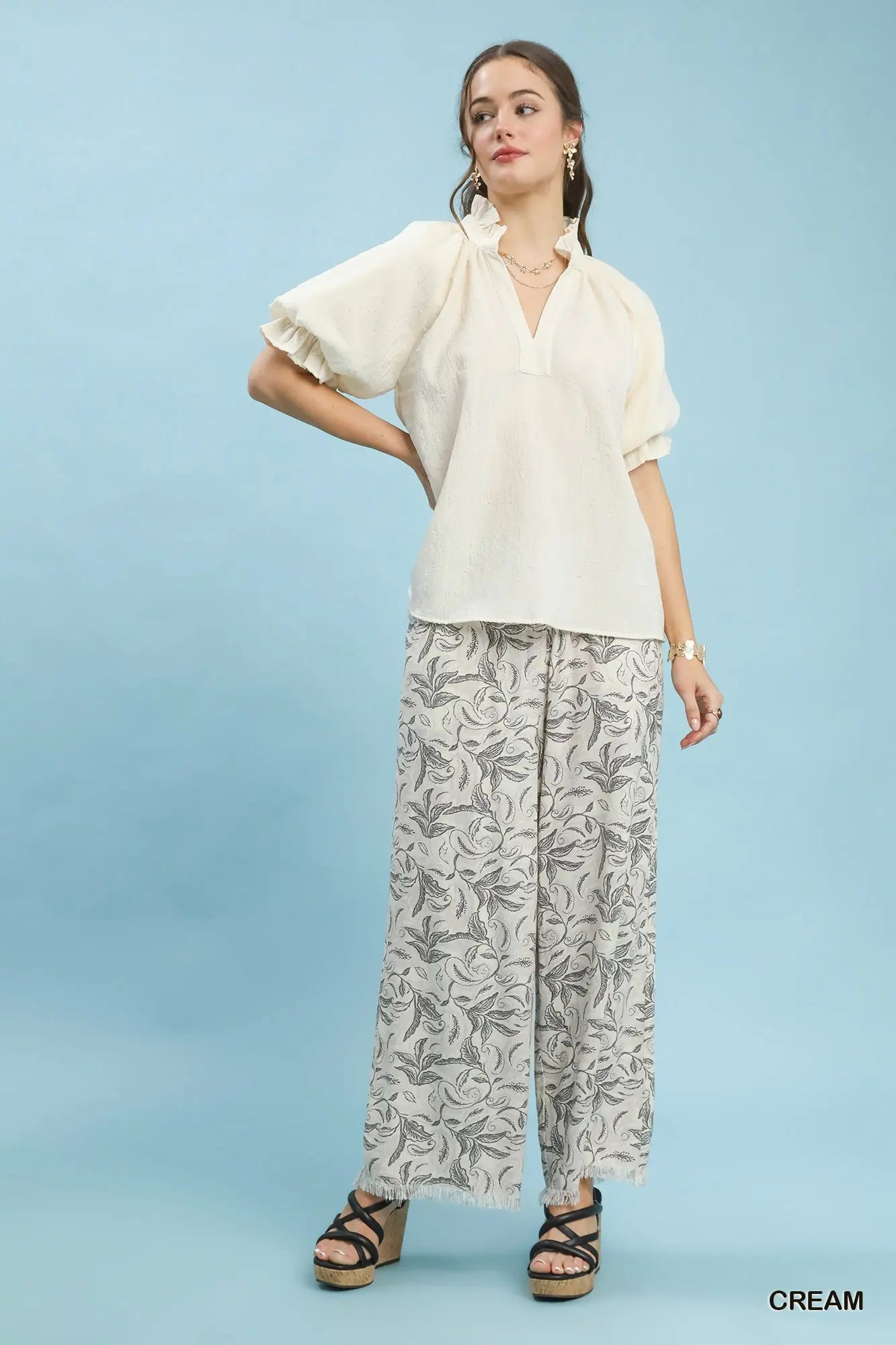 Textured Puff Sleeve Split Neck Top