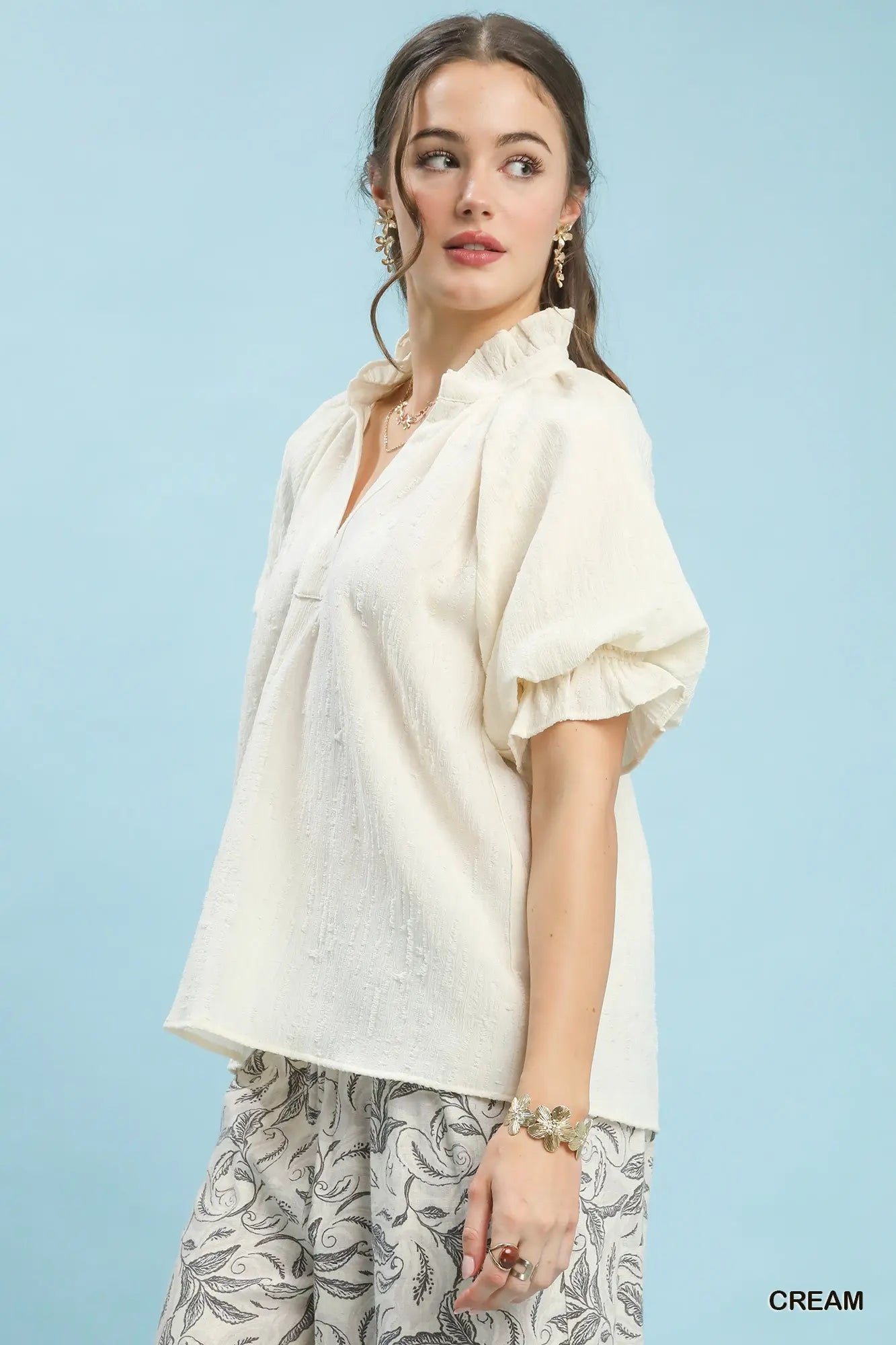 Textured Puff Sleeve Split Neck Top