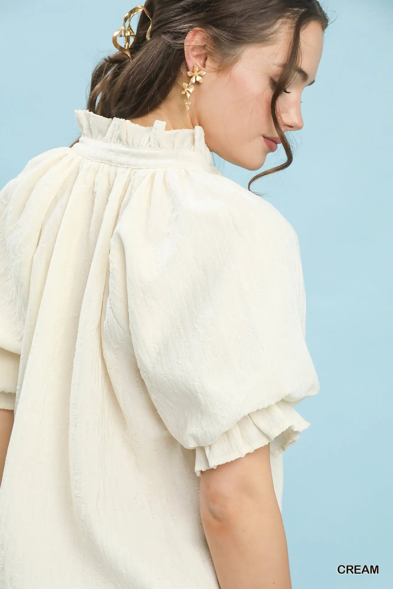 Textured Puff Sleeve Split Neck Top